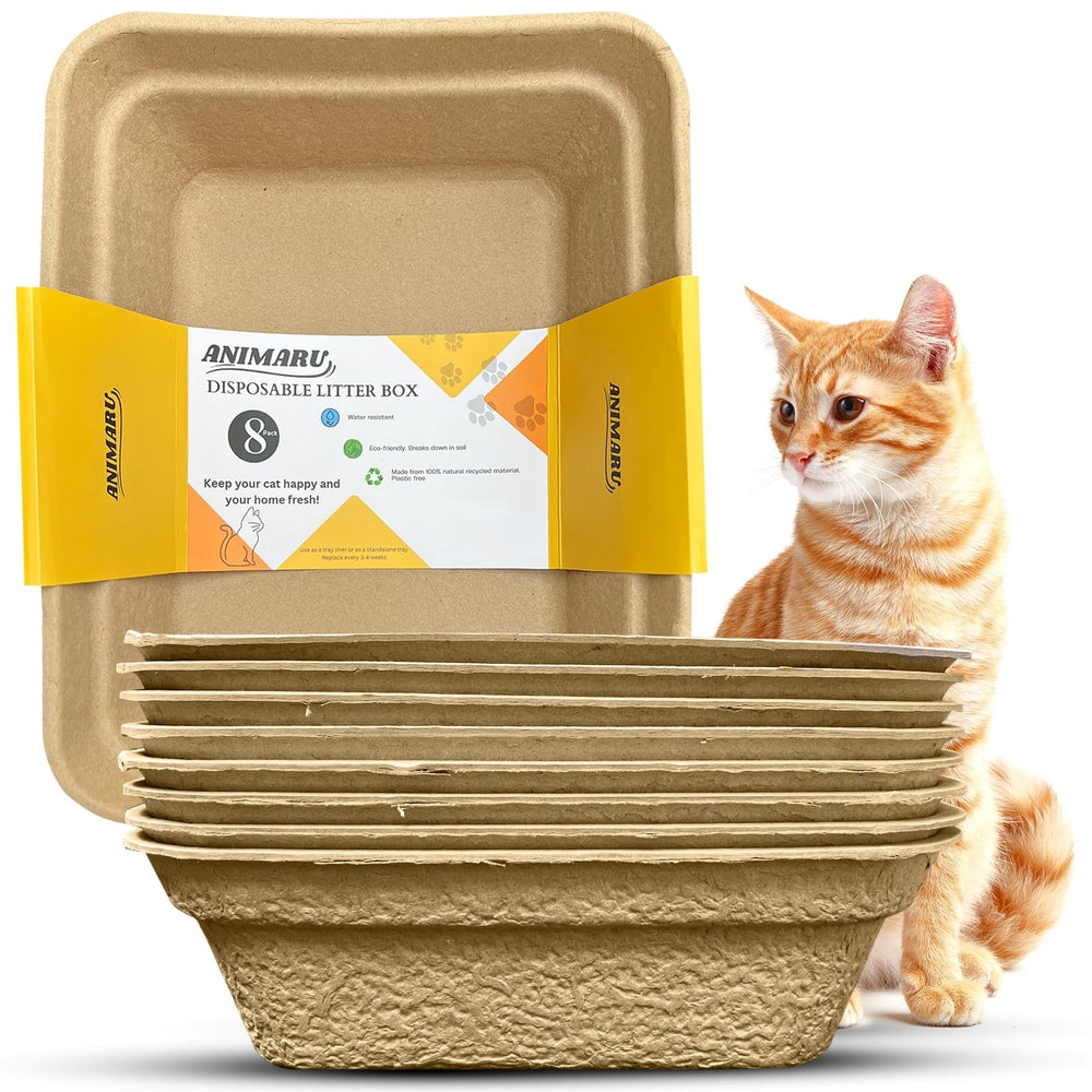 Animaru front view of 8-pack large compostable litter boxes showing packaging and size benefits