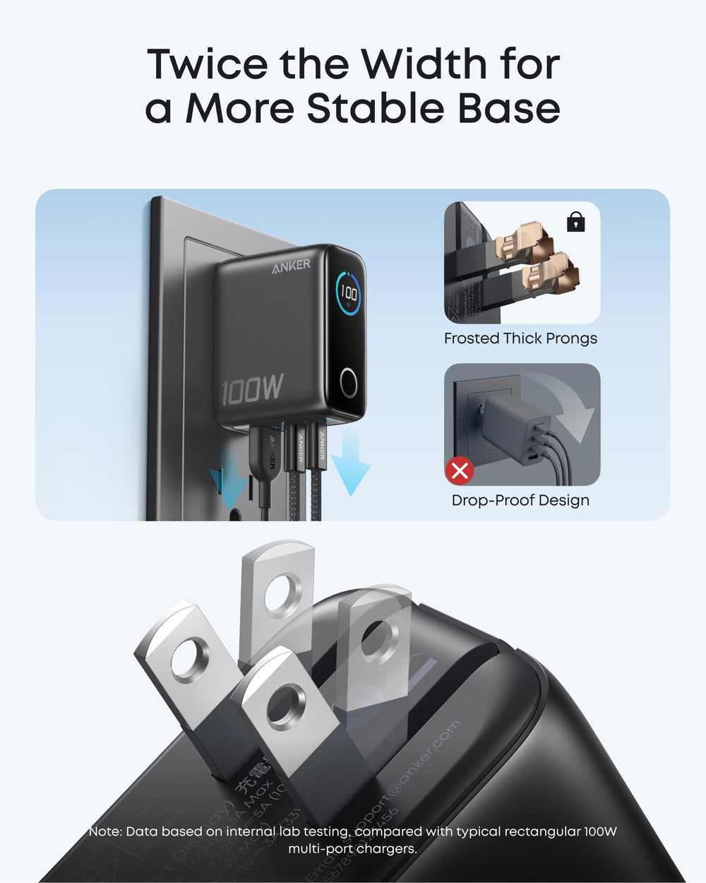 Anker with included USB-C cable next to hand for scale showing portability benefit