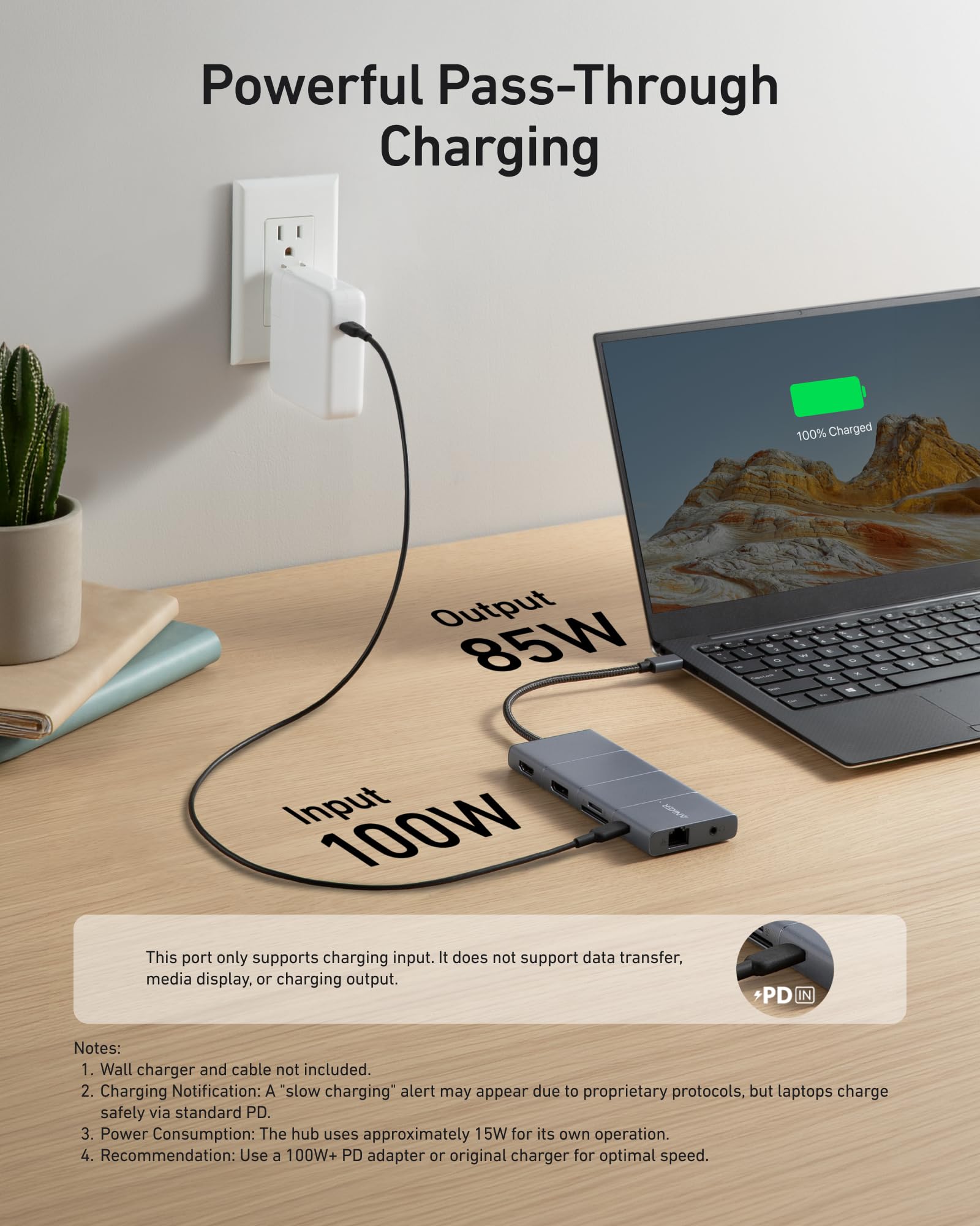 Anker 565 PD input with charger delivering up to 85W pass-through power