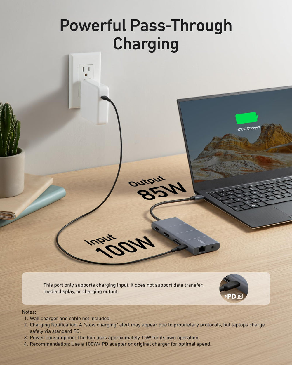 Anker 565 PD input with charger delivering up to 85W pass-through power