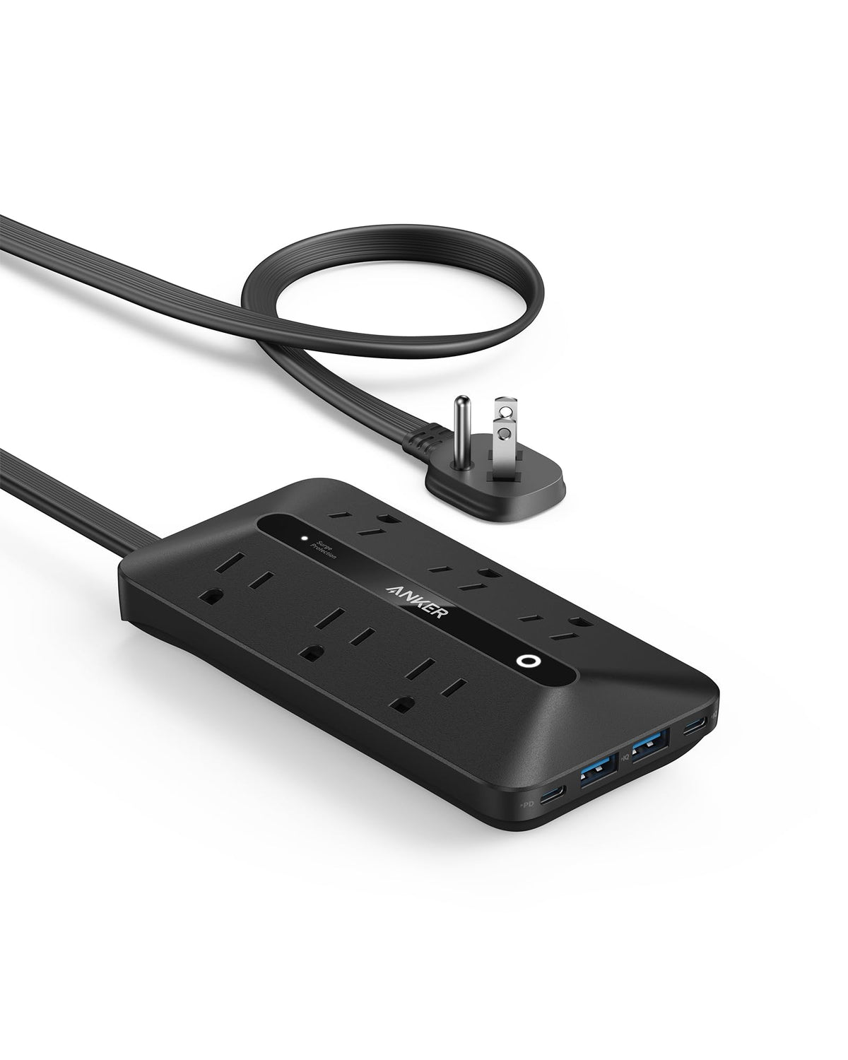 Anker front view of power strip showing all outlets and ports for versatile charging