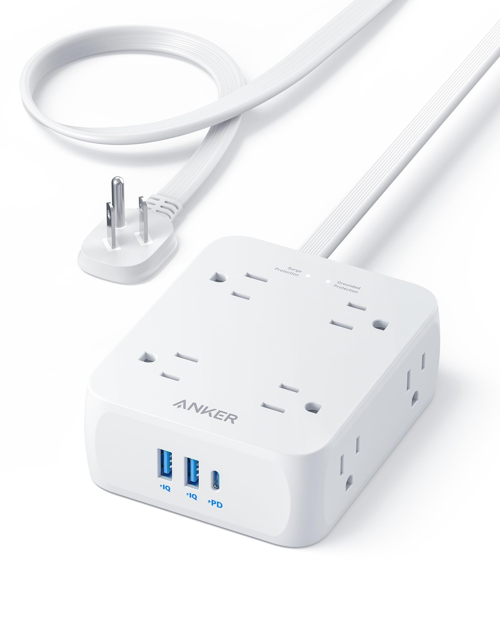 Anker front view of power strip showing outlets and compact design for organized power