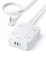 Anker front view of power strip showing outlets and compact design for organized power