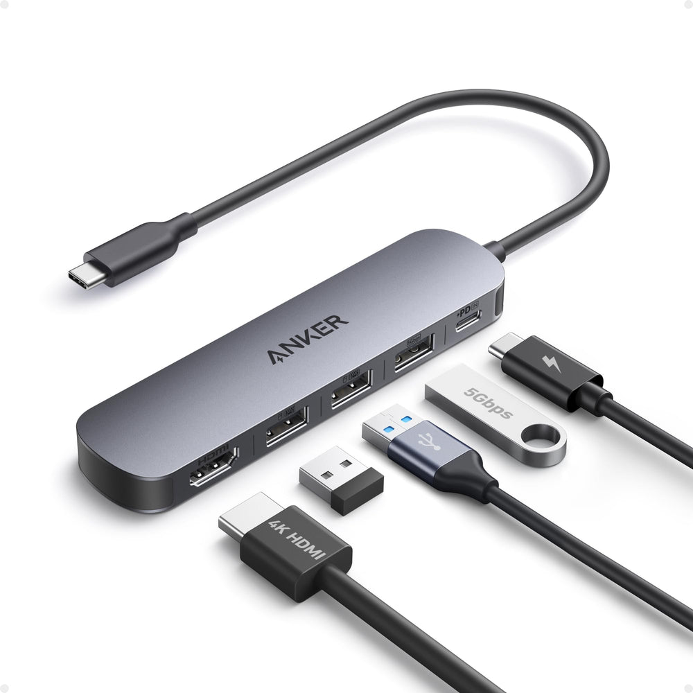 Anker hub front view showing ports and compact design for travel convenience