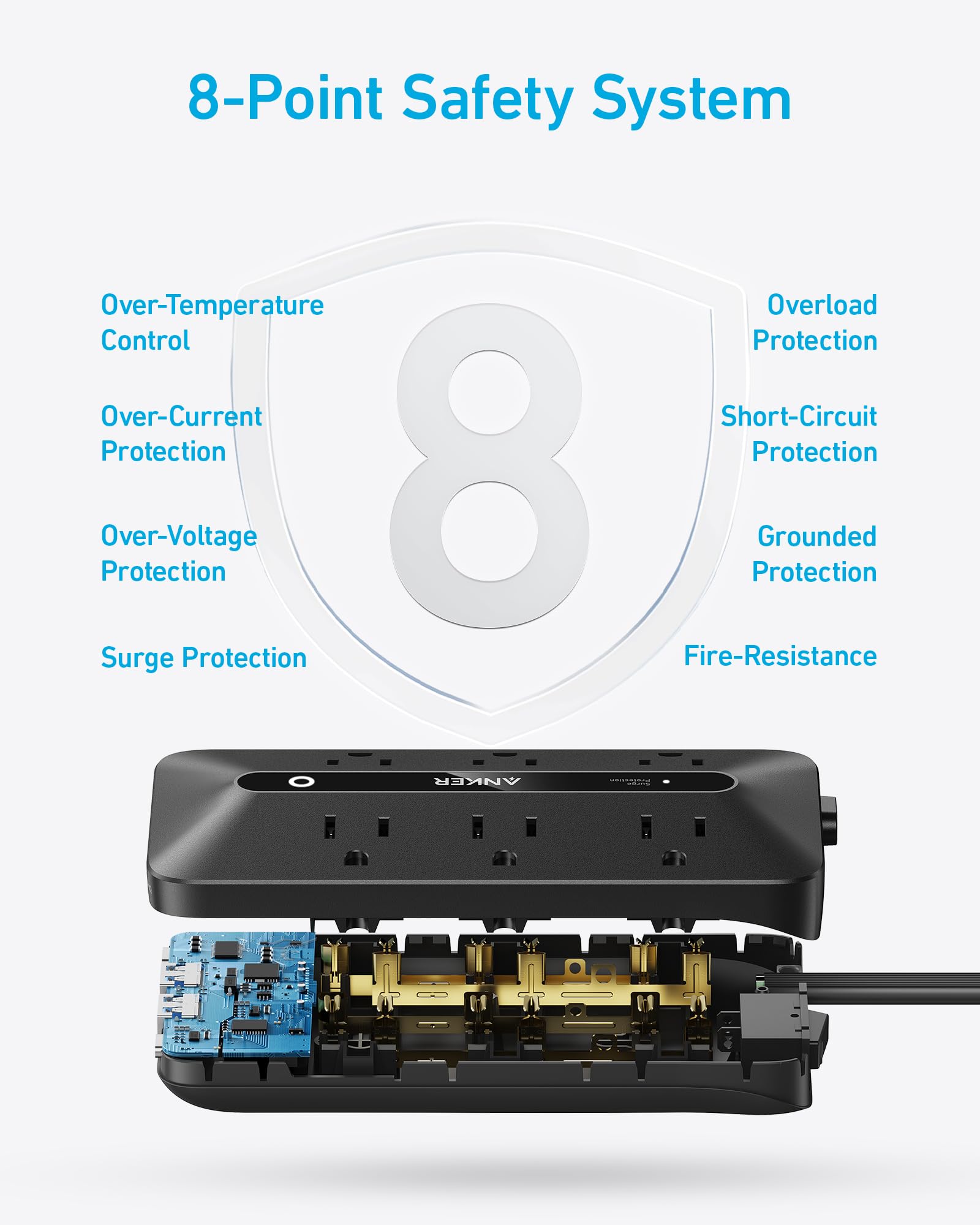 Anker power strip on a desk powering monitor, laptop, and phone for tidy workspace