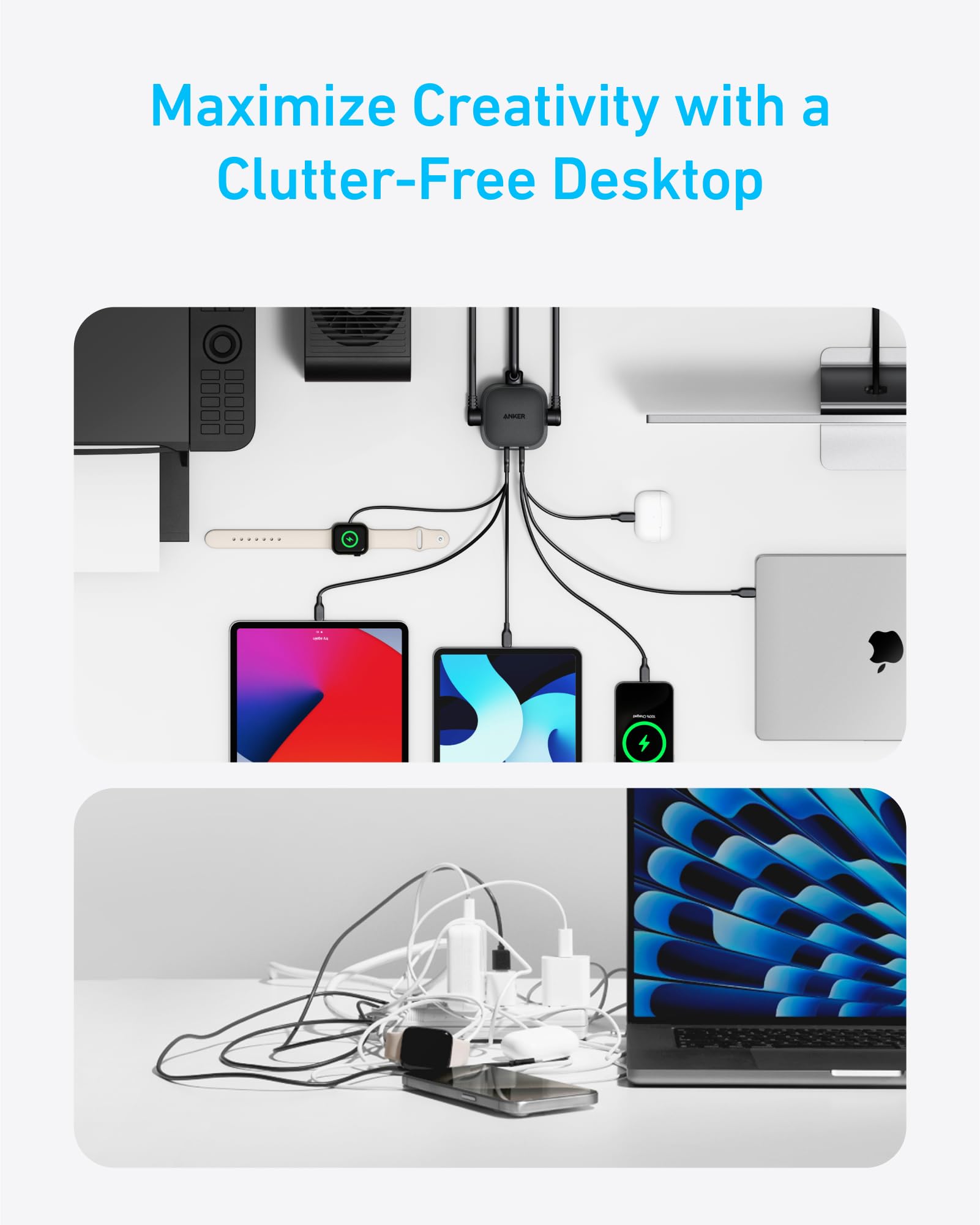 Anker desktop charger in a home office environment offering reliable organized power