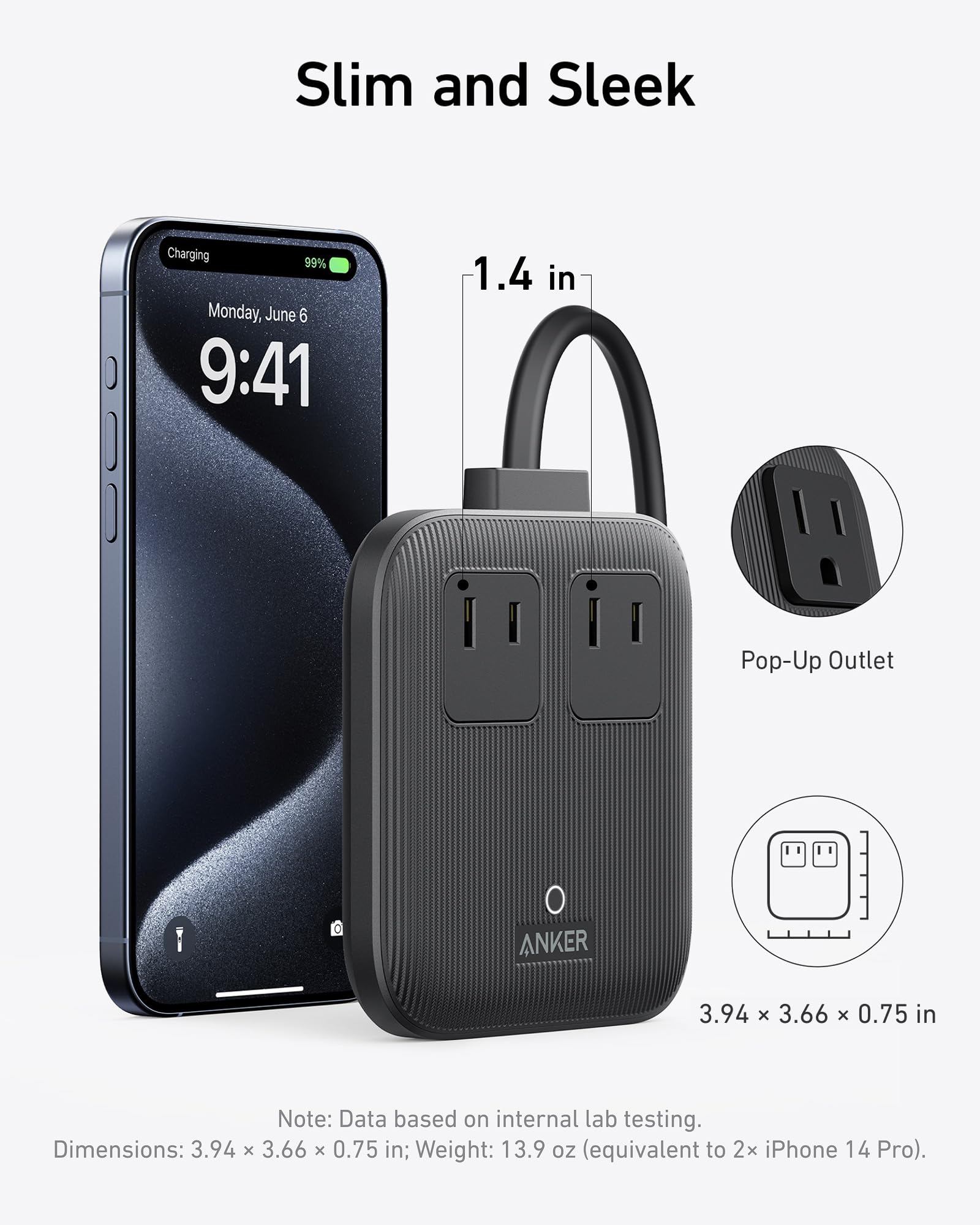 Anker Nano close-up of USB-C, USB-A and AC outlets for versatile charging