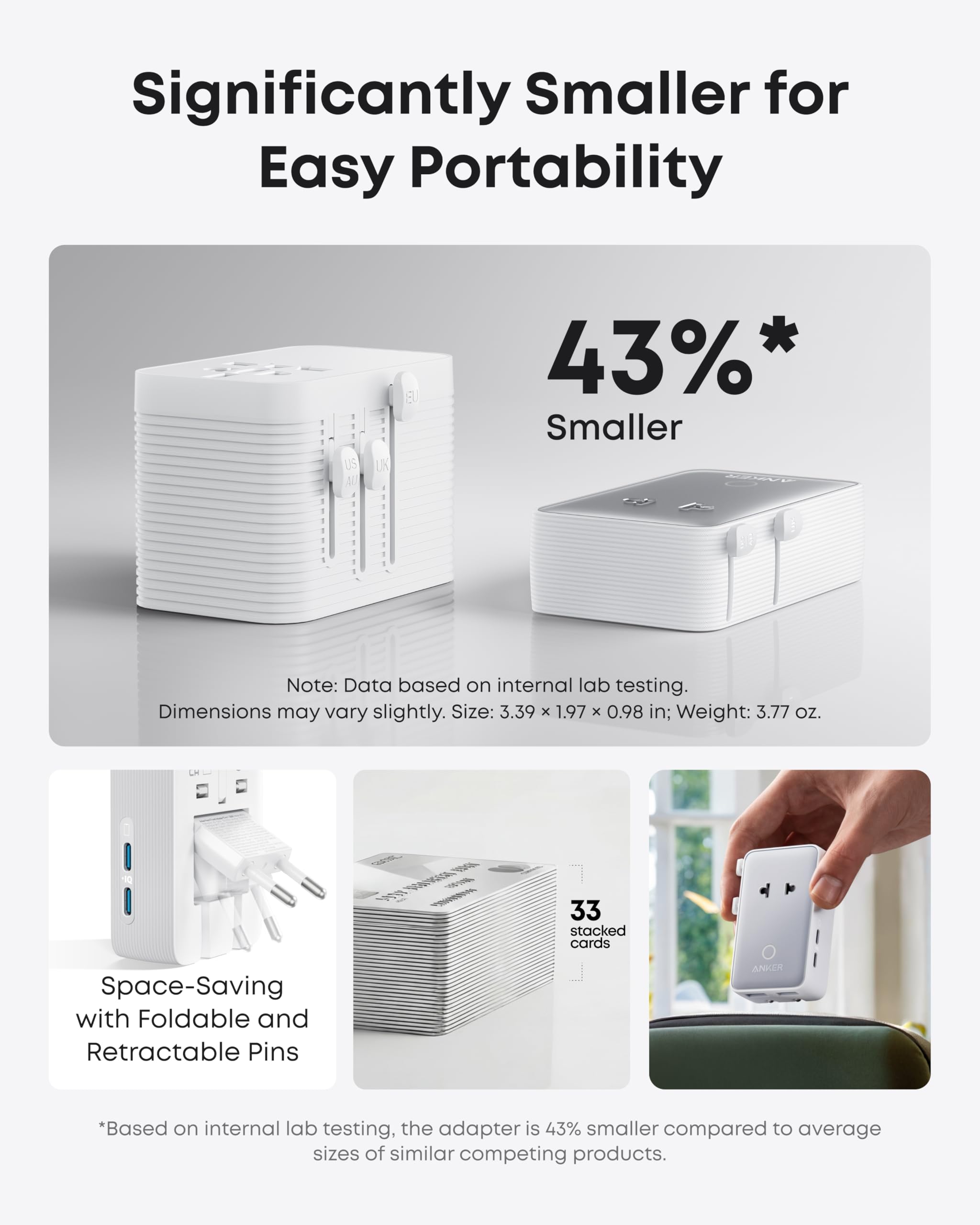Anker Nano beside a credit card showing compact, pocketable size