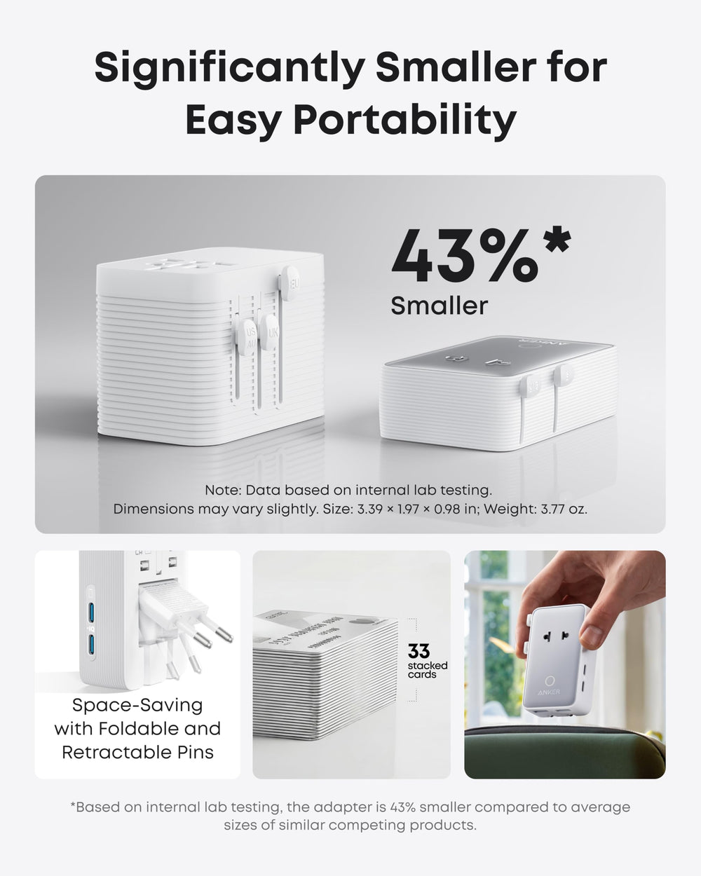 Anker Nano beside a credit card showing compact, pocketable size