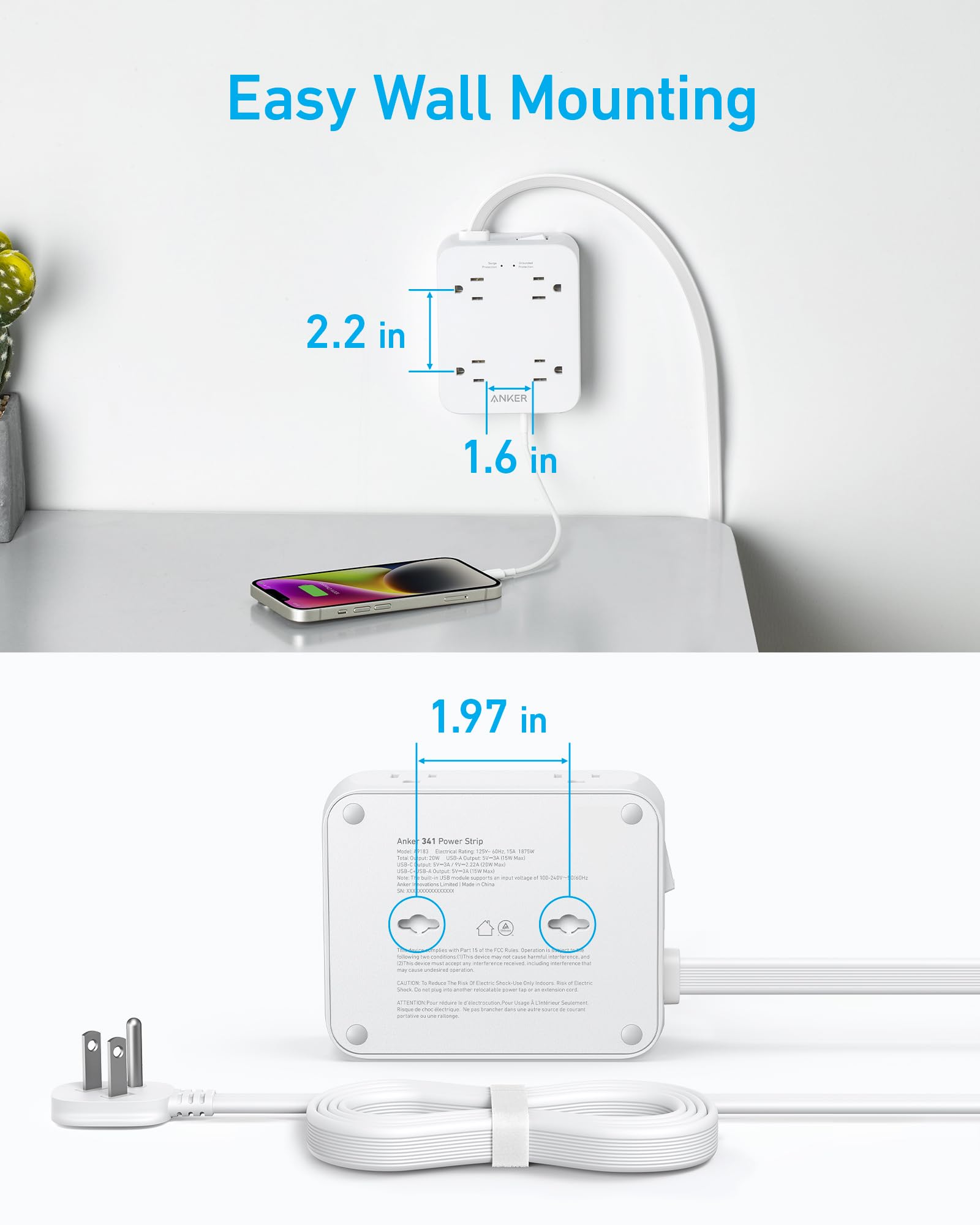 Anker power strip powering laptop and lamp on desk for a clutter-free workspace