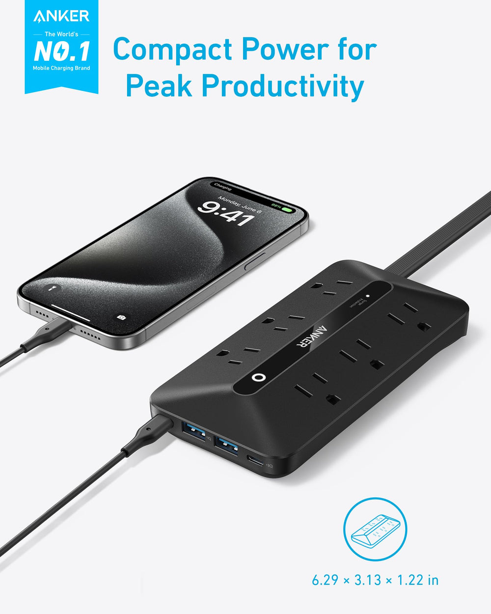 Anker closeup of USB-A and USB-C ports highlighting fast 20W charging benefit