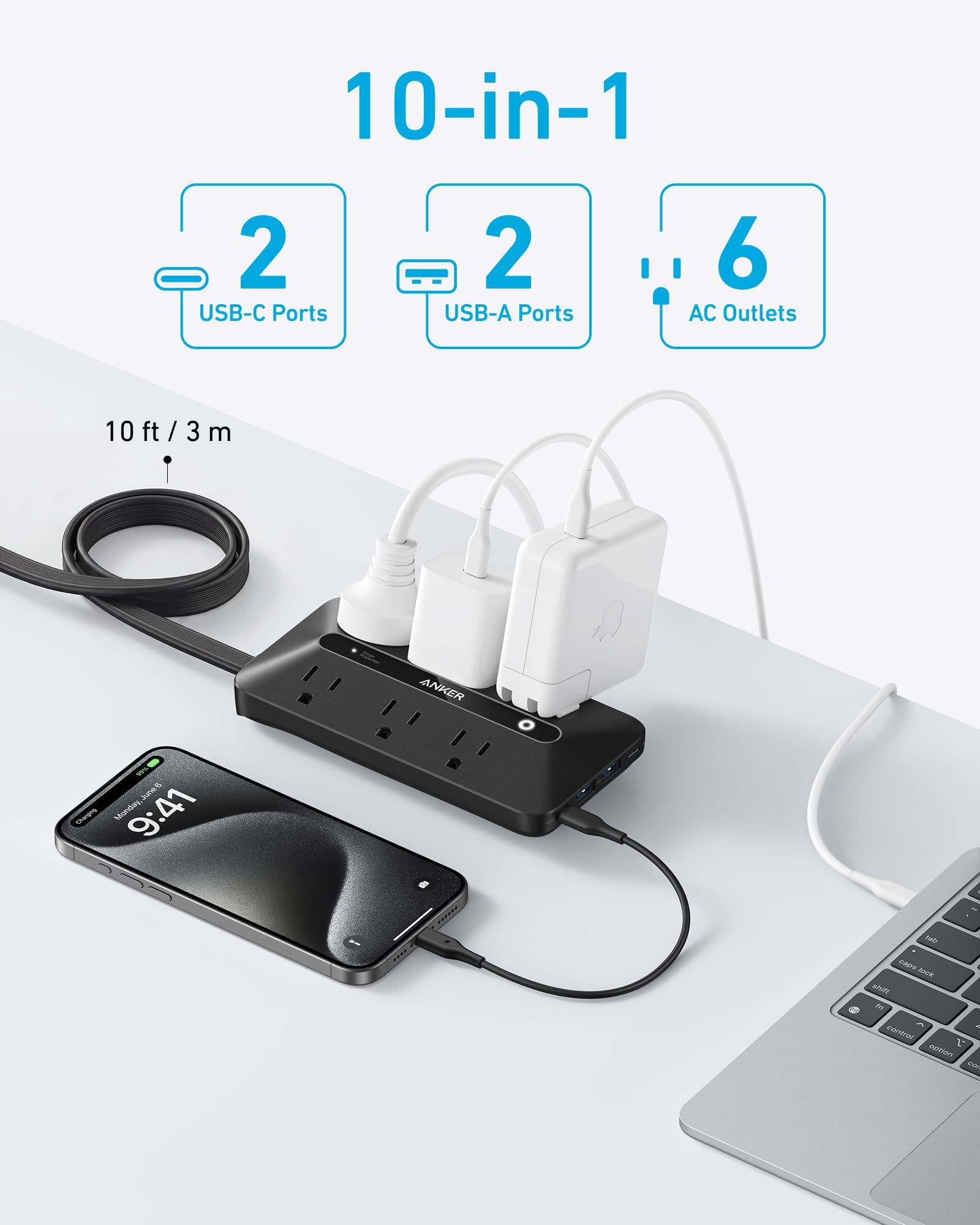 Anker flat plug detail demonstrating compact design that saves adjacent outlet space