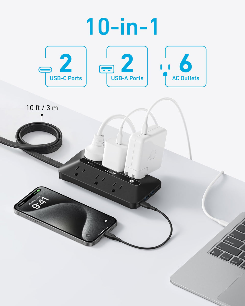 Anker flat plug detail demonstrating compact design that saves adjacent outlet space