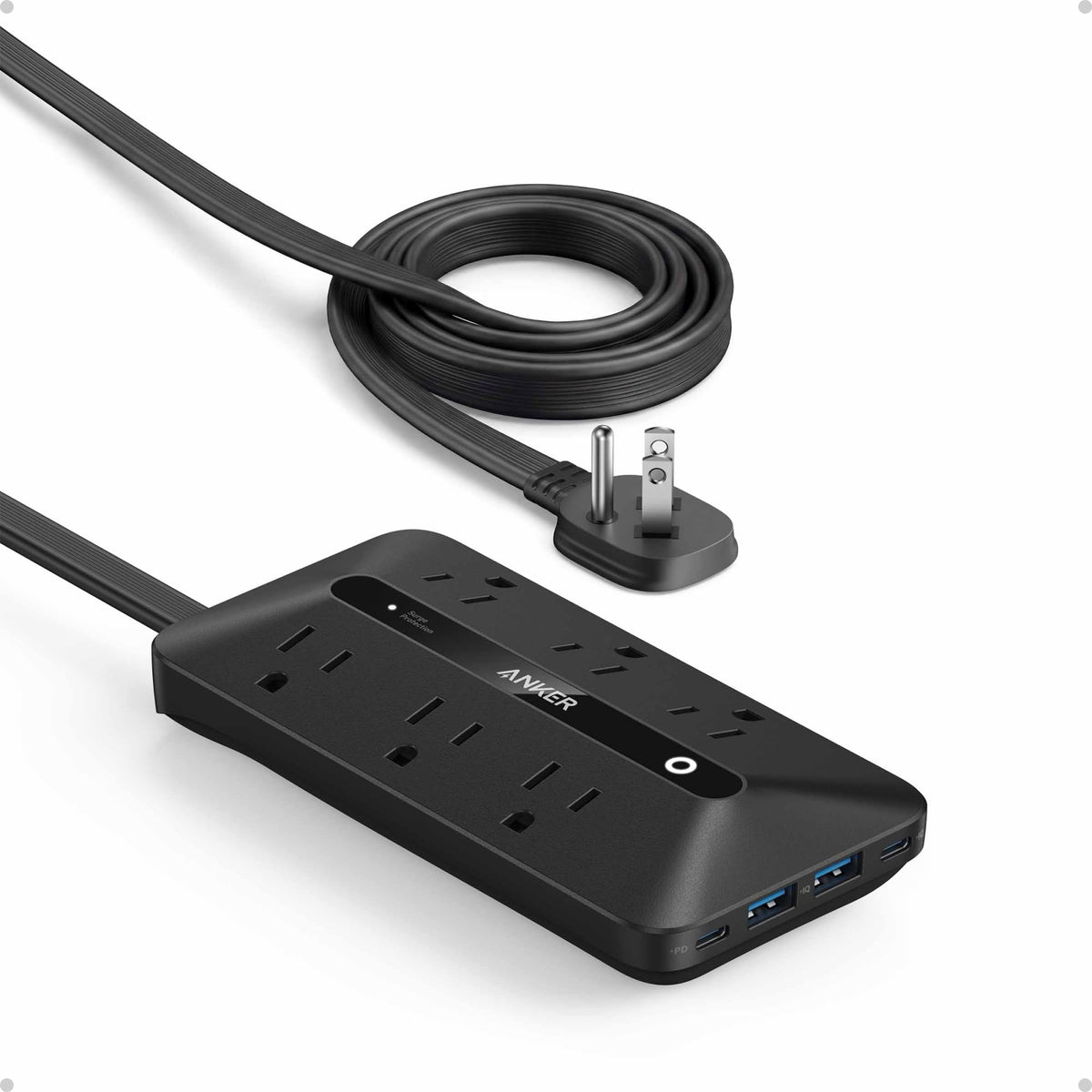 Anker power strip front view showing six AC outlets and four USB ports for versatile charging