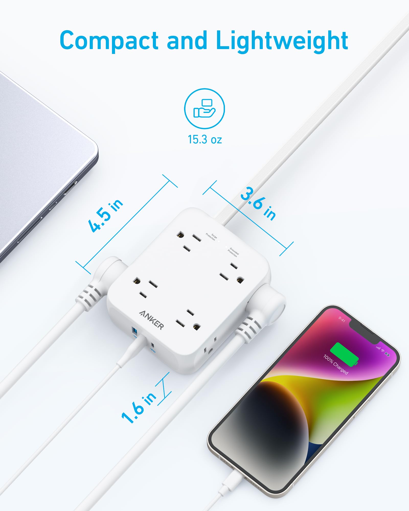 Anker beside a smartphone showing size comparison and easy nightstand placement