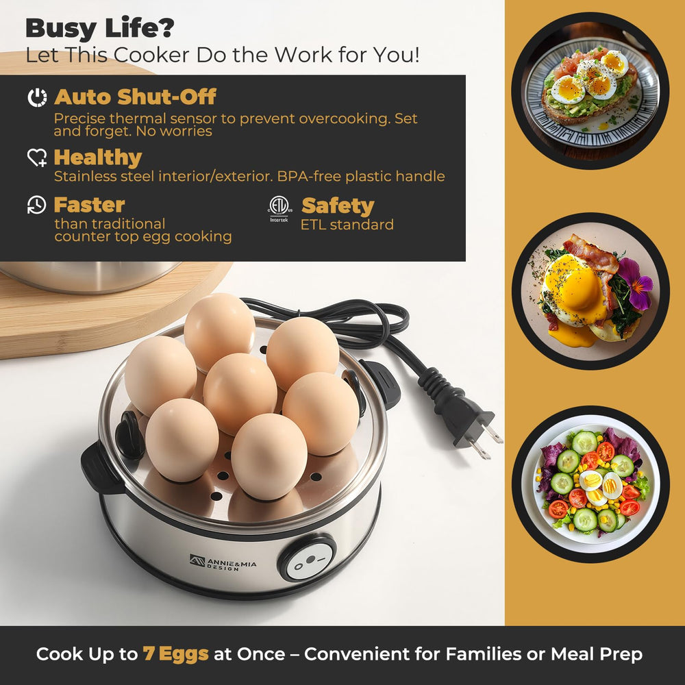 Annie & Mia Design open with tray of eggs demonstrating batch cooking up to seven eggs