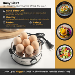 Annie & Mia Design open with tray of eggs demonstrating batch cooking up to seven eggs