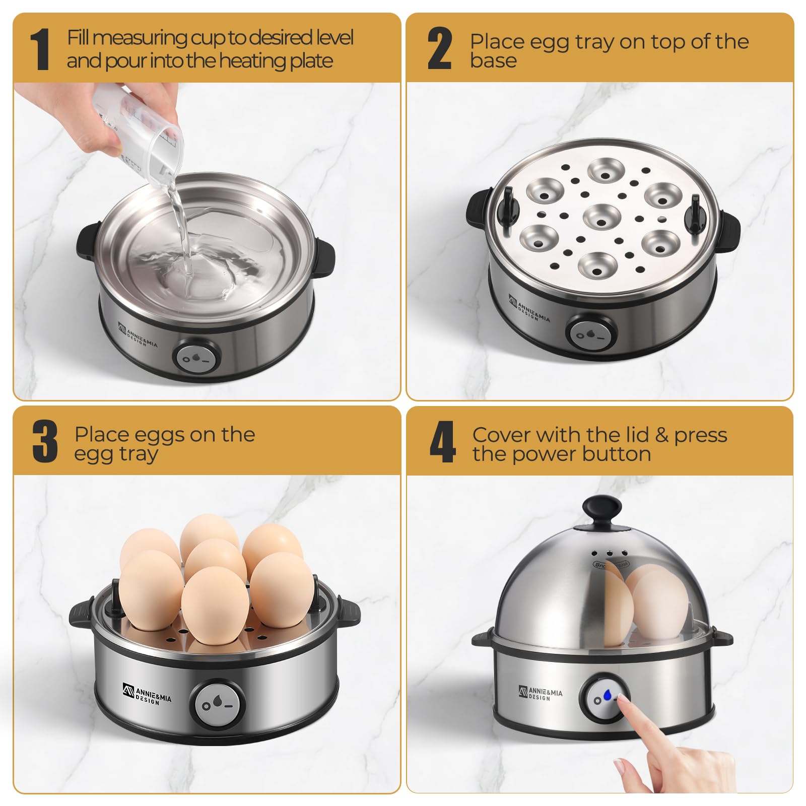 Annie & Mia Design stainless tray loaded with eggs illustrating even steam cooking and capacity
