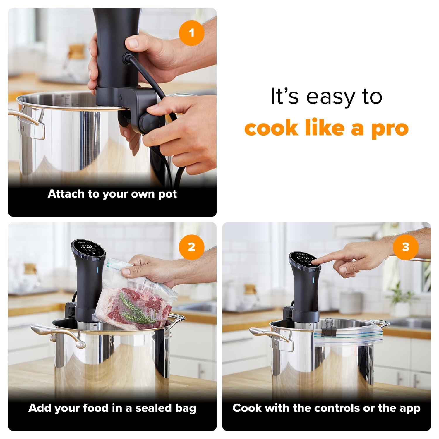 Anova Culinary circulator in pot with water movement for even temperature distribution
