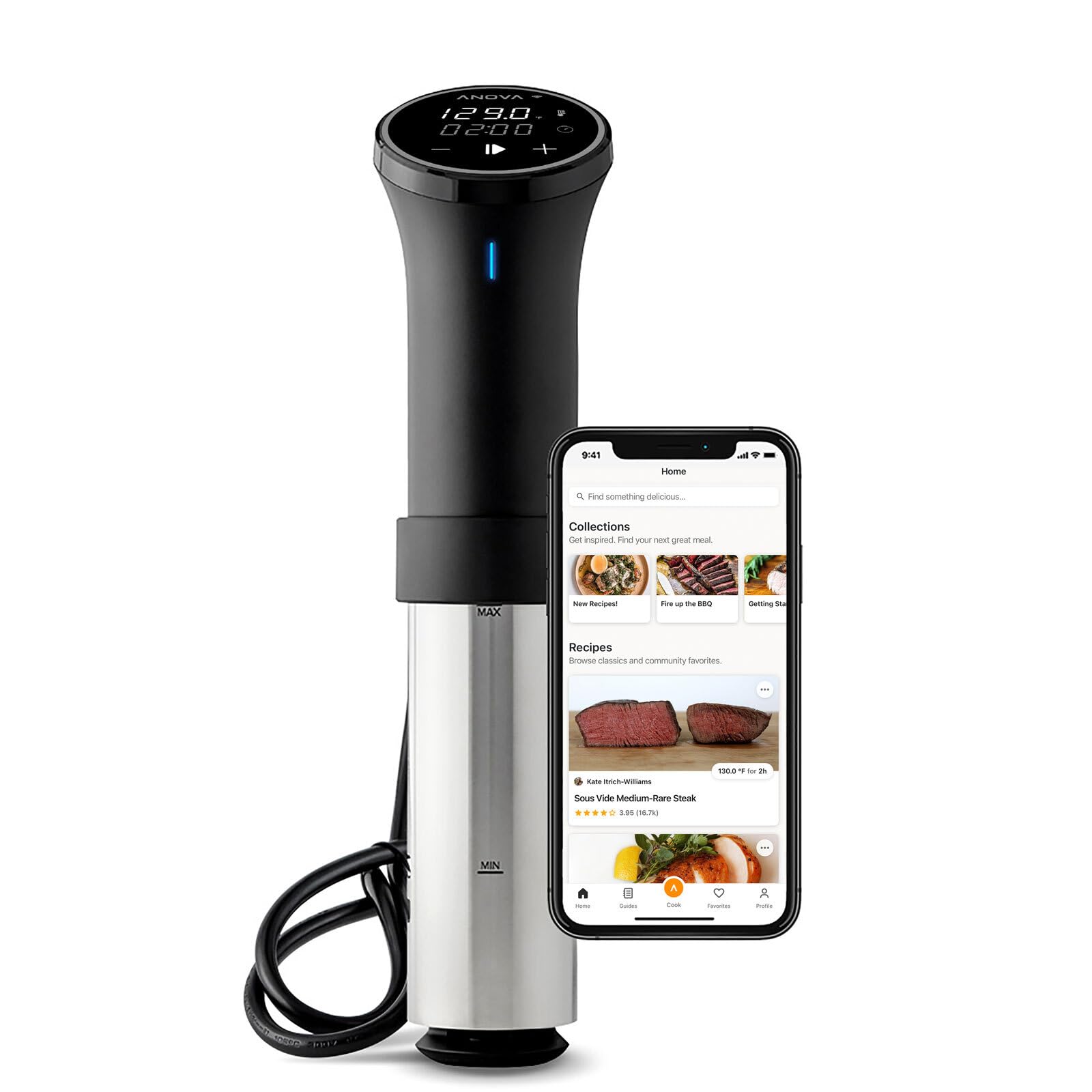 Anova Culinary precision cooker front view showing stainless finish and controls for reliability