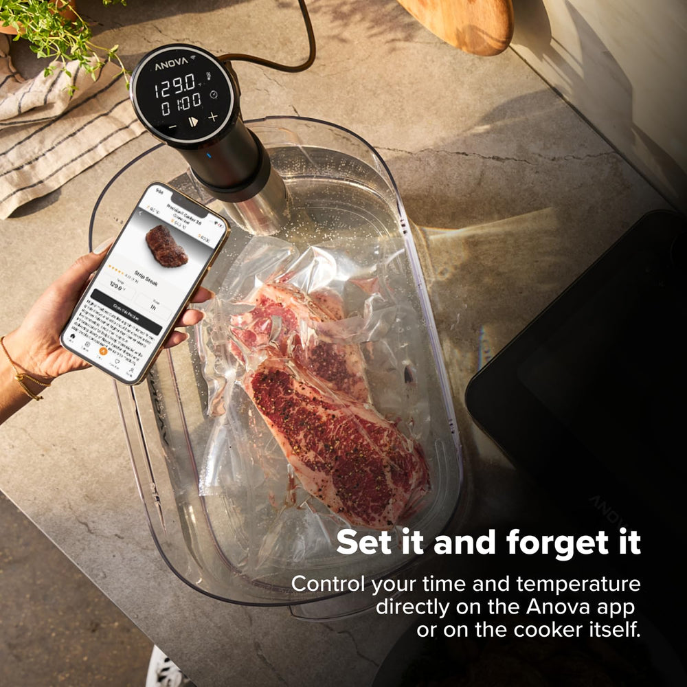 Anova Culinary sealed steak in bag submerged for edge-to-edge doneness and texture