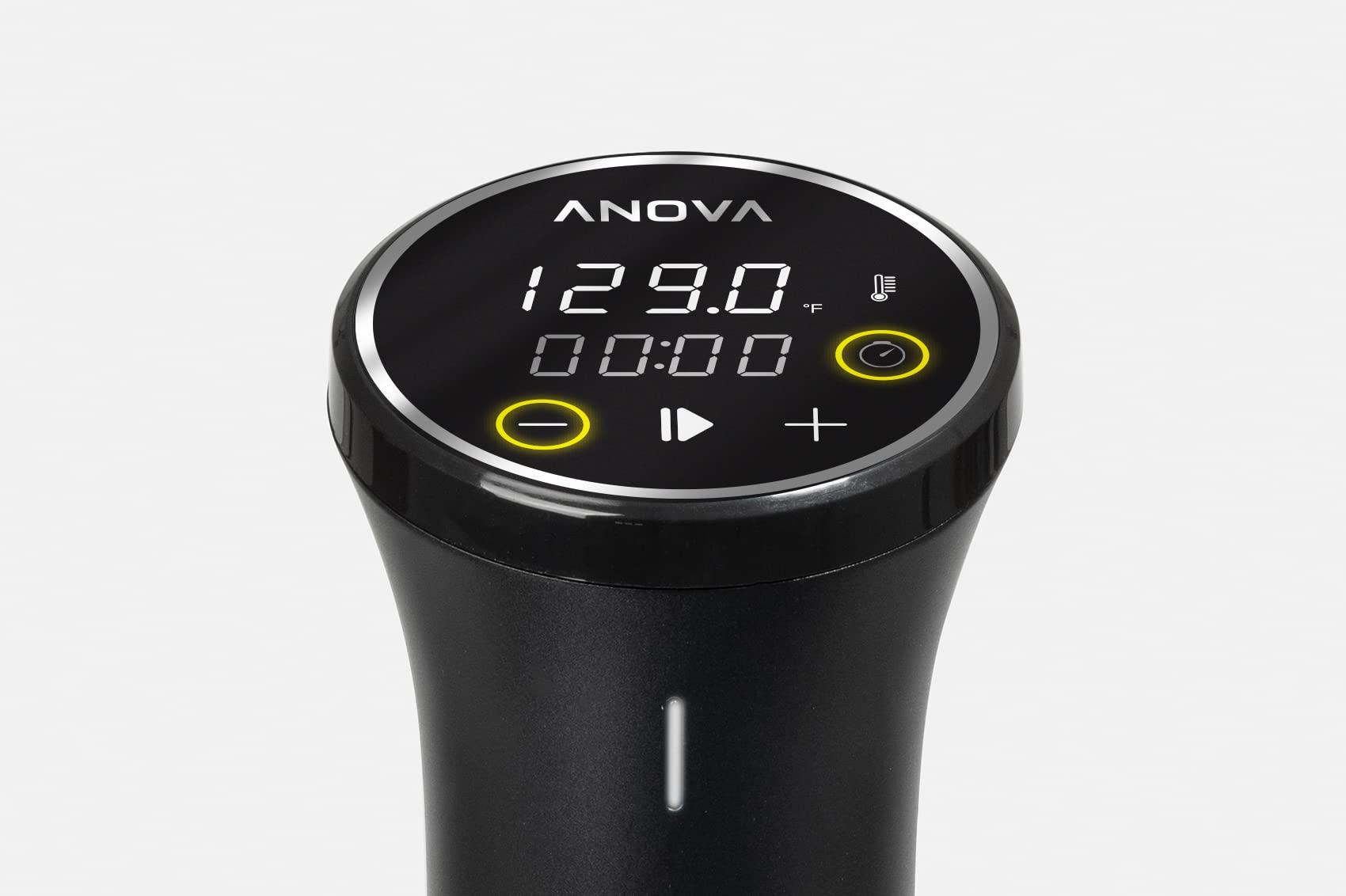 Anova Culinary touchscreen display close-up showing time and temperature for quick checks