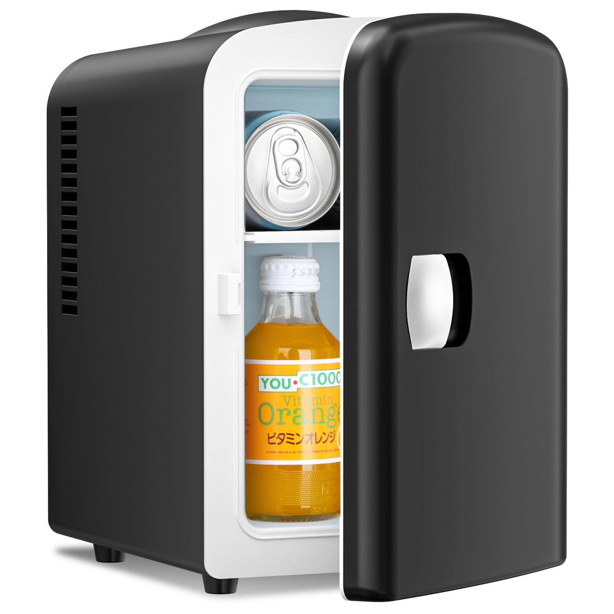 Antarctic Star front view showing compact black mini fridge and benefit of space-saving