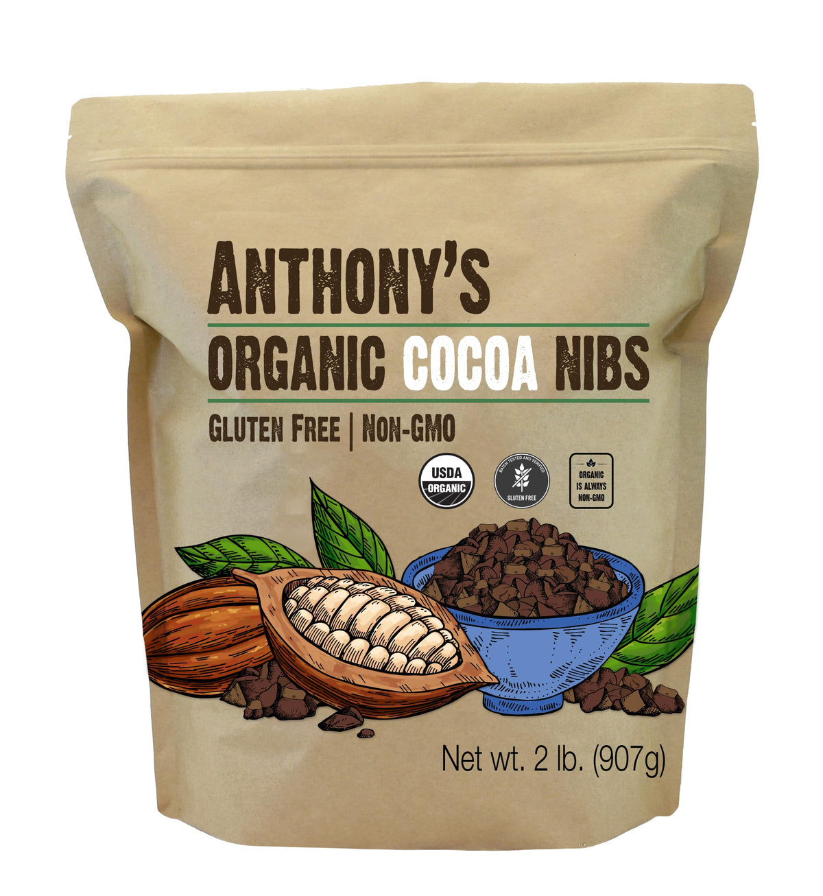 Anthony's front package of organic cacao nibs showing size and branding benefit