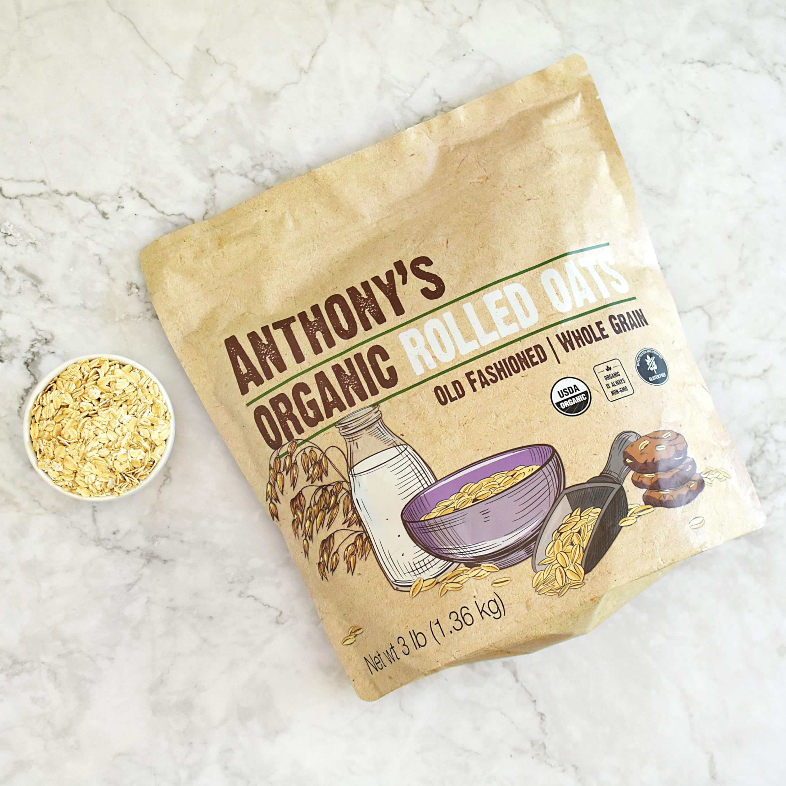 Anthony's oats mixed into pancake batter illustrating baking versatility and moisture