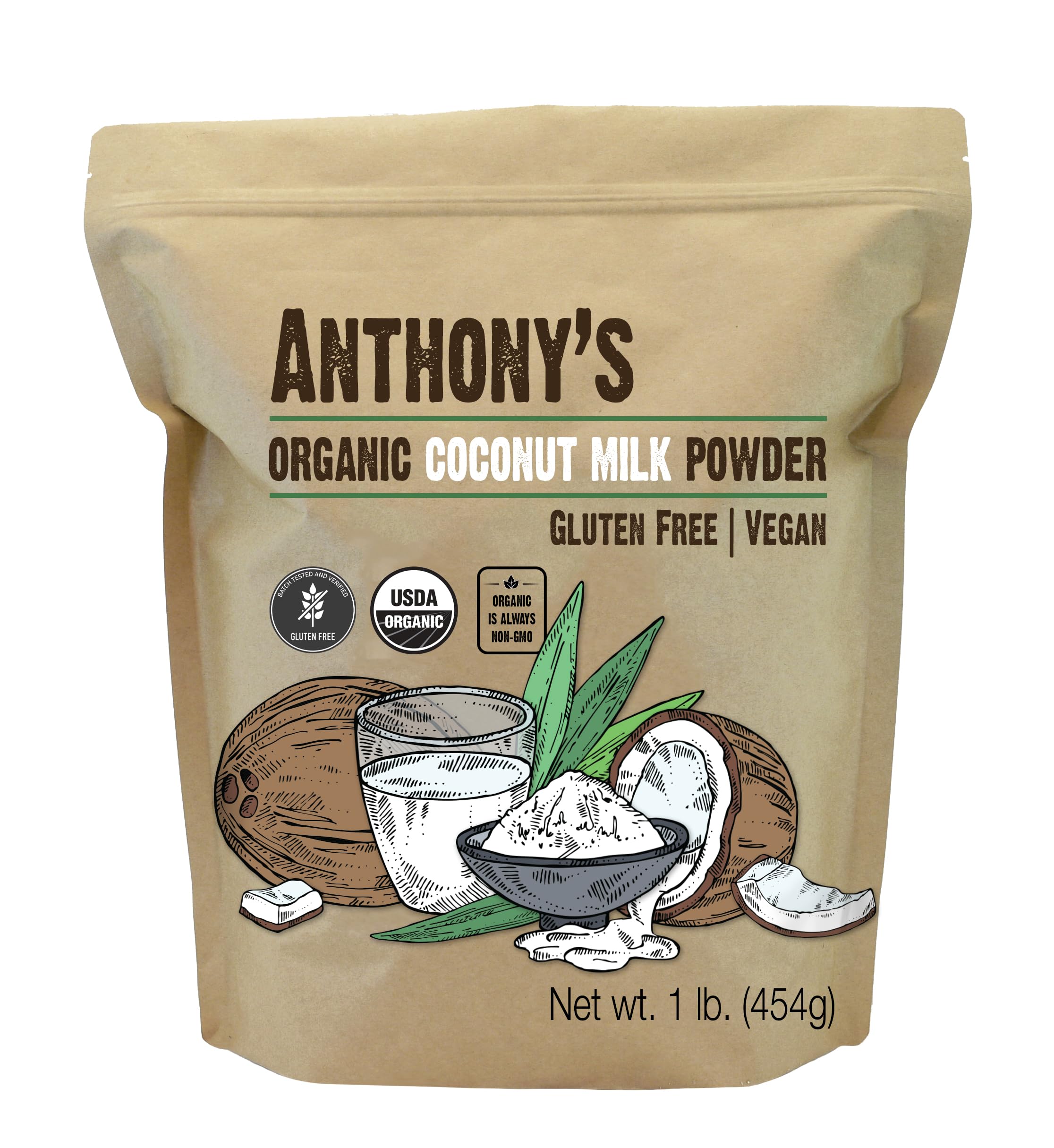 Anthony's front pouch view showing organic coconut milk powder and benefits