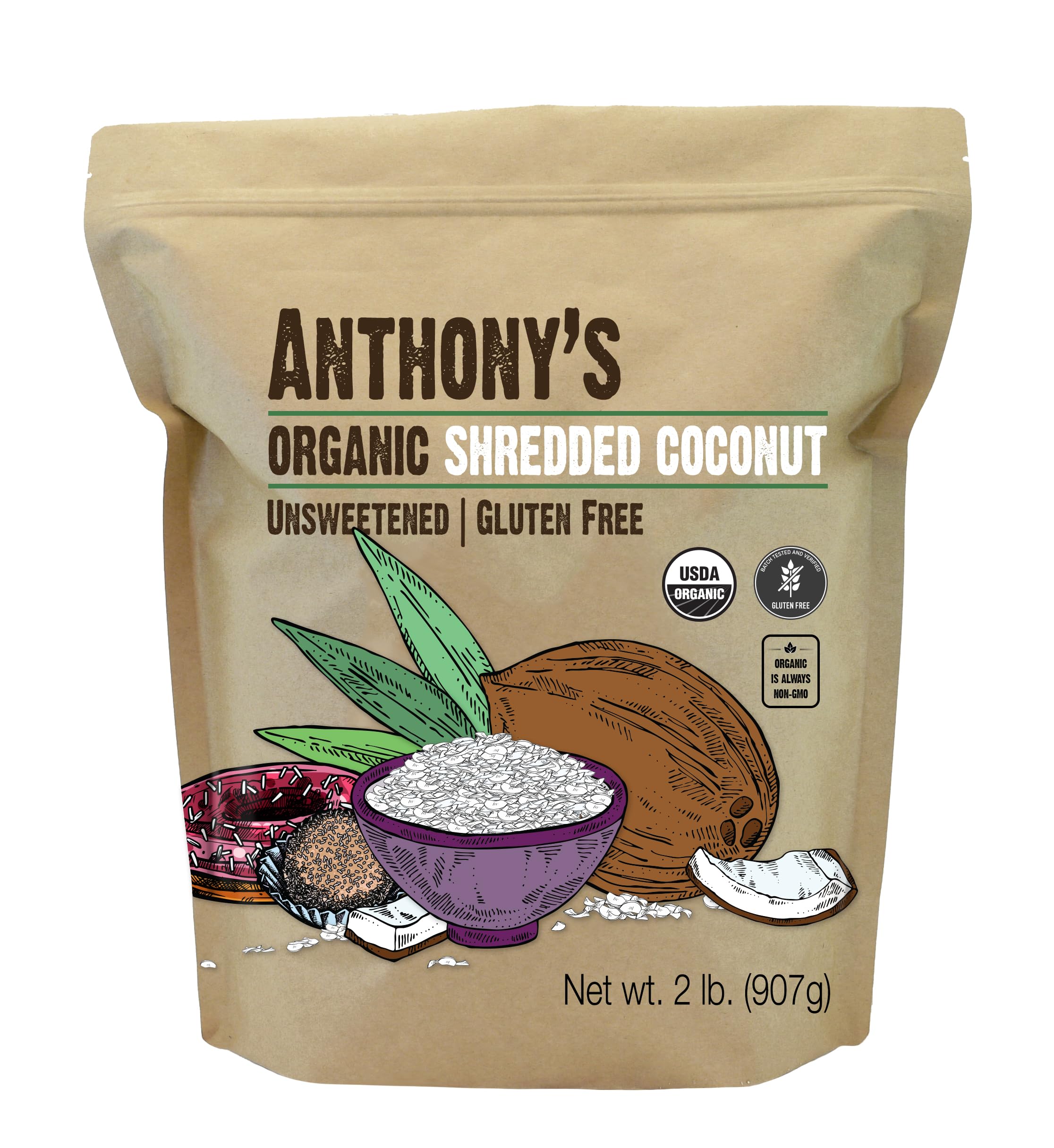 Anthony's front packaging showing organic unsweetened shredded coconut and benefits
