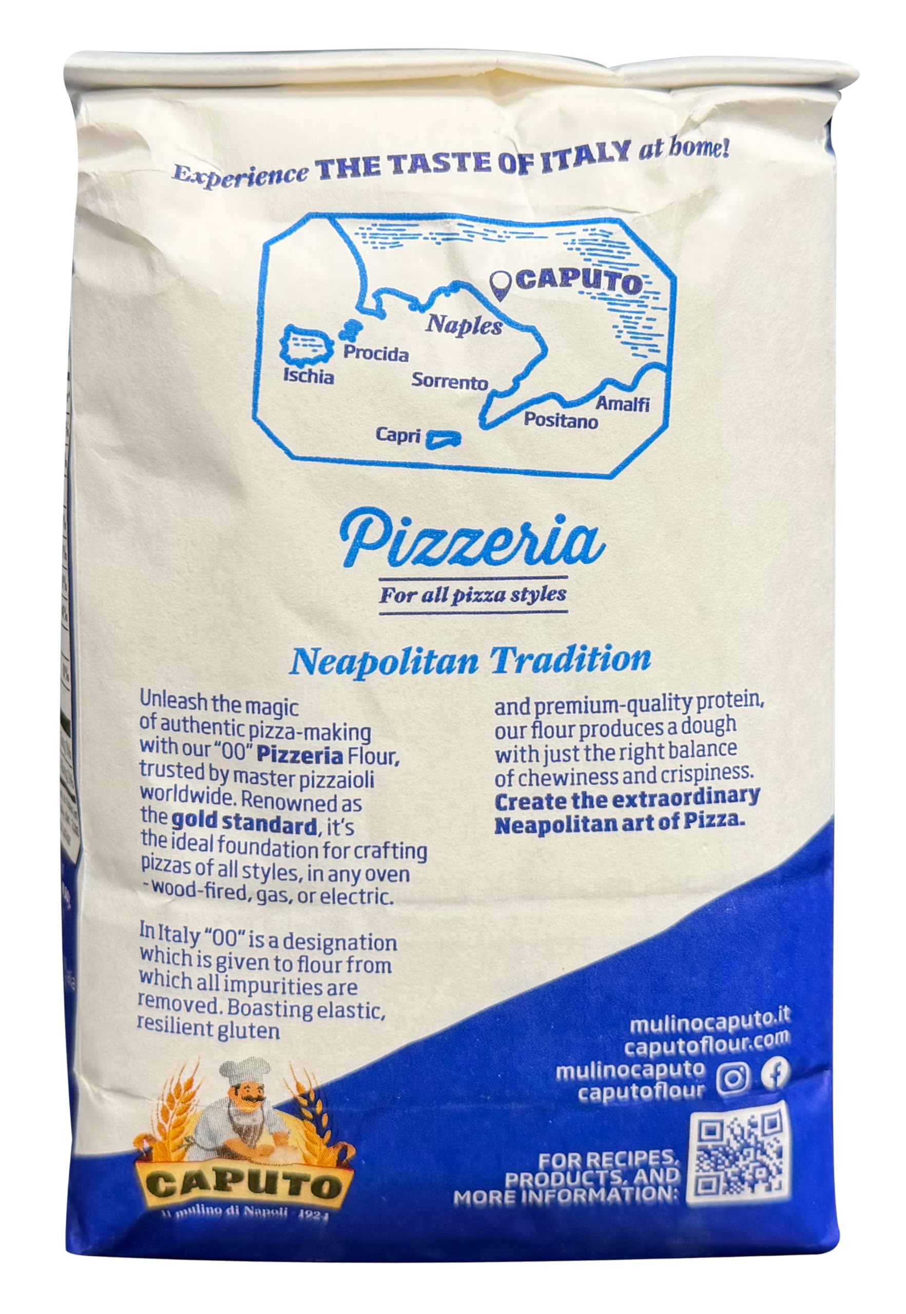 Antimo Caputo flour pouring to show fine texture and improved dough hydration benefit