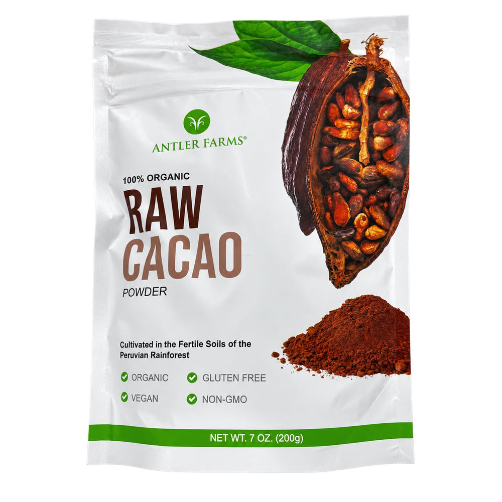 Antler Farms front packaging showing organic raw cacao benefits