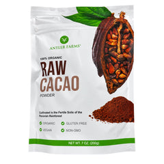 Antler Farms front packaging showing organic raw cacao benefits
