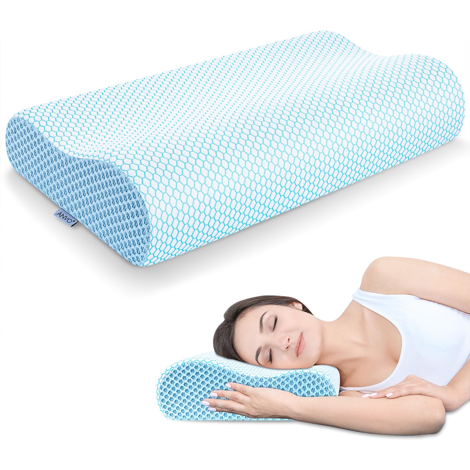 Anvo front view of pillow showing ergonomics and firm support