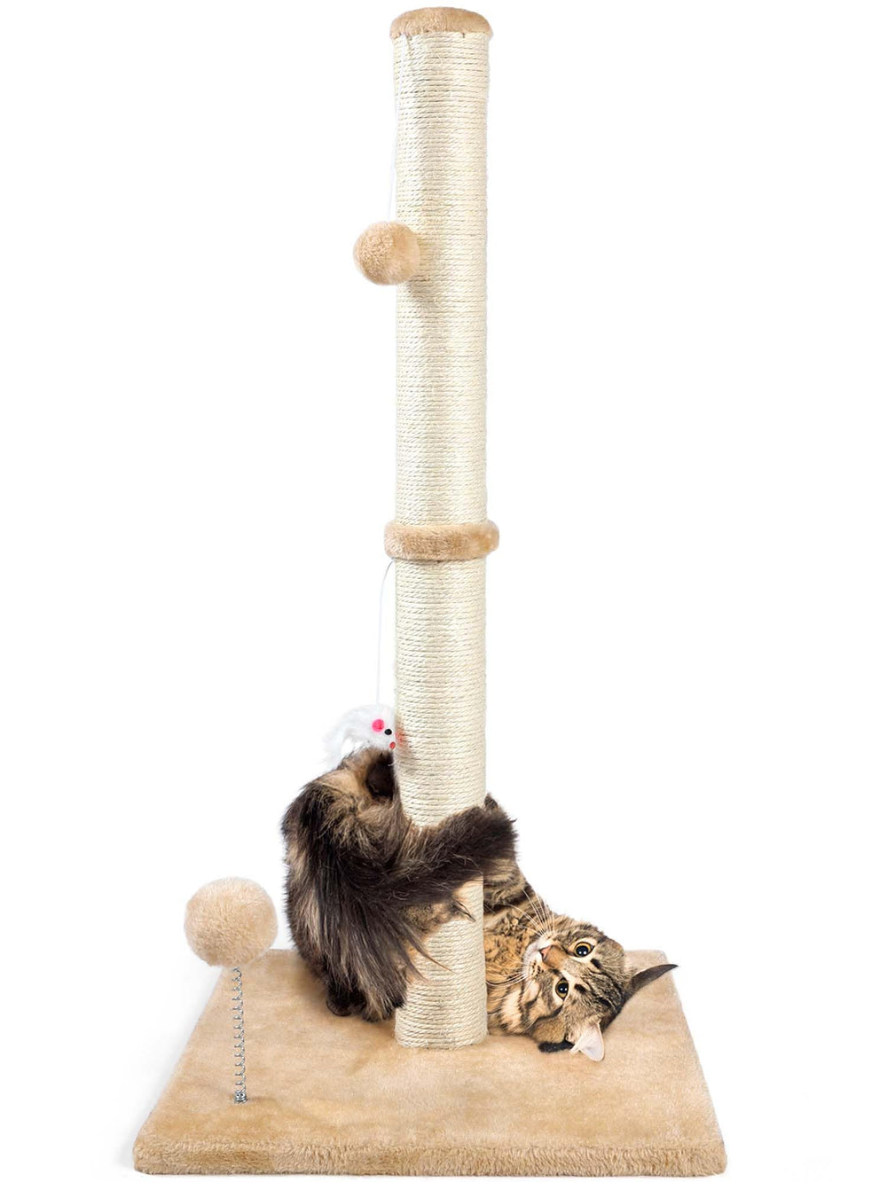 ANWA front view of beige sisal post showing full-height scratching surface and toys