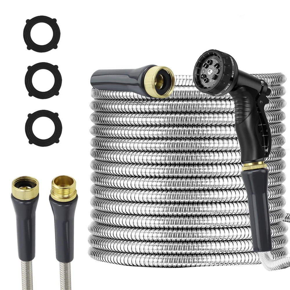 AnyEasy front view of 75ft stainless steel hose showing durable packaging and features