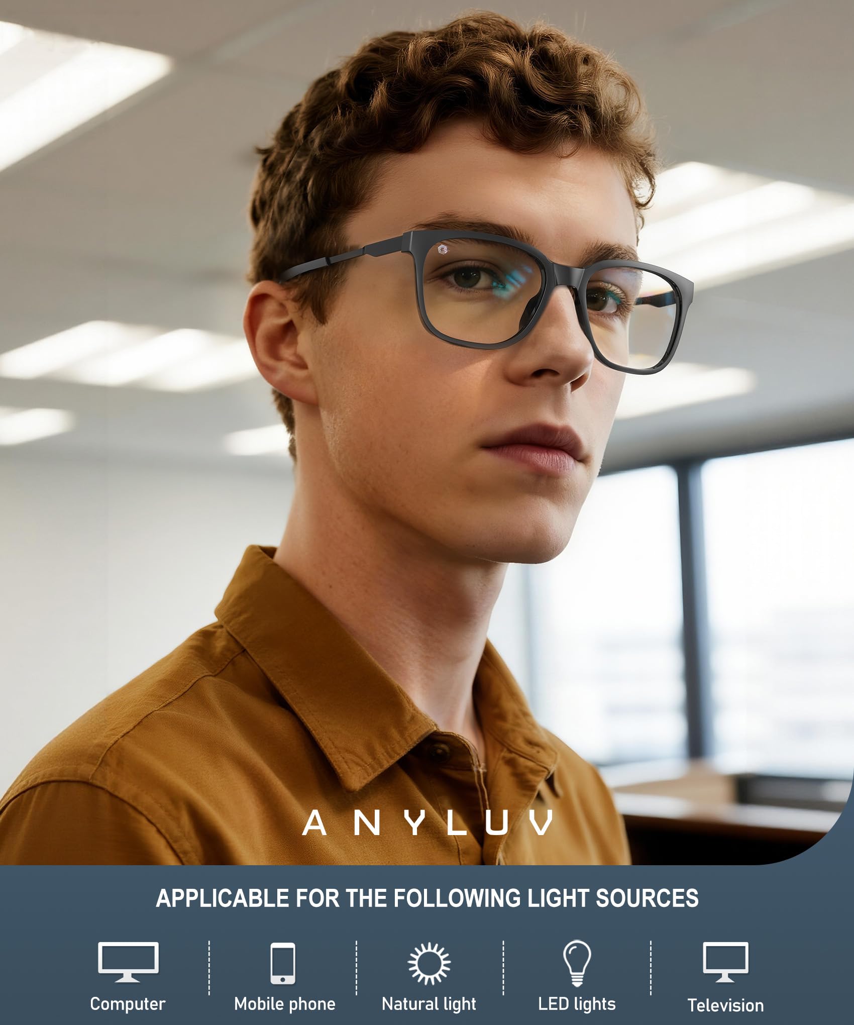 ANYLUV lens close-up highlighting blue-light coating for clearer vision