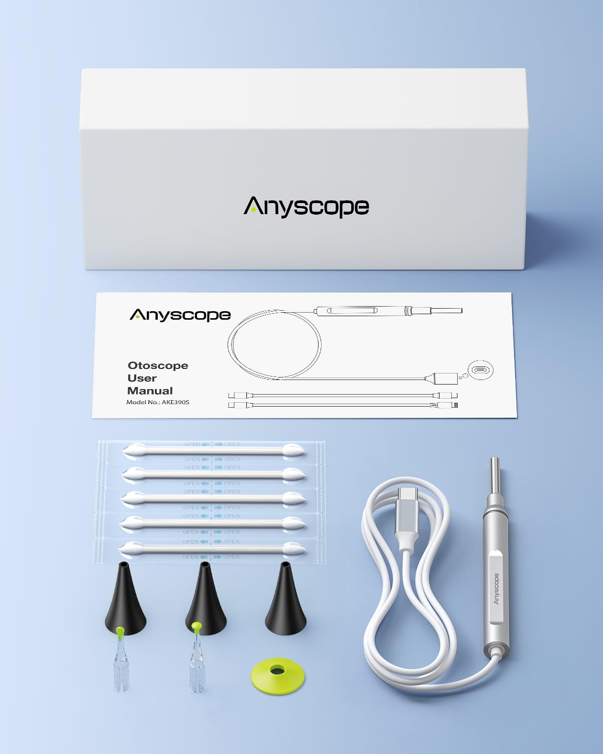 AnyScope packaging laid out with accessories for quick setup and use