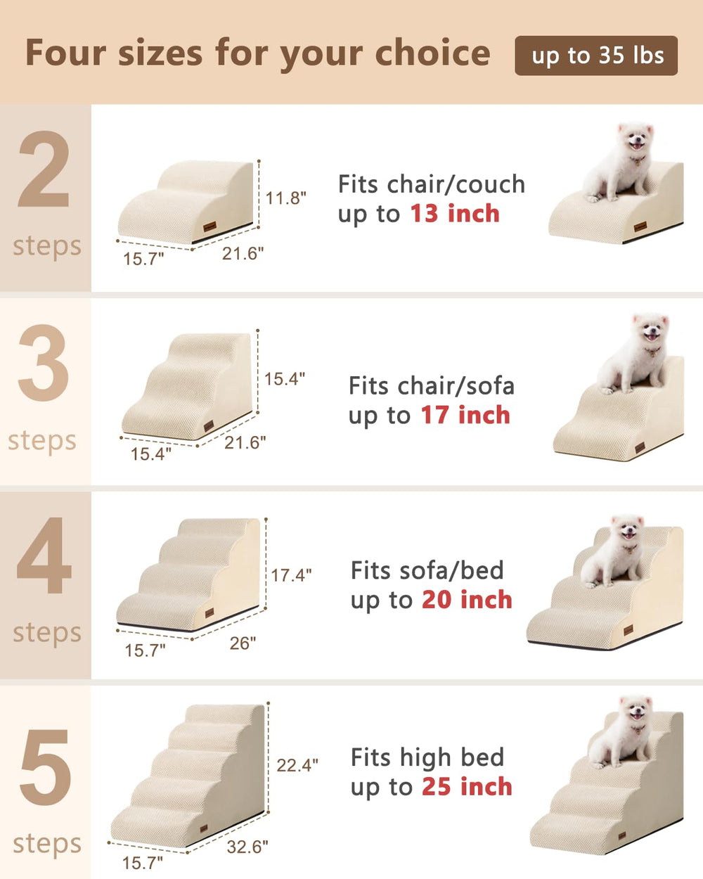 aodisman stairs next to sofa illustrating fit for up to 17 inch height