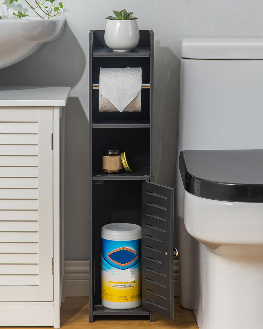AOJEZOR base showing cleaning supplies stored underneath for efficient organization