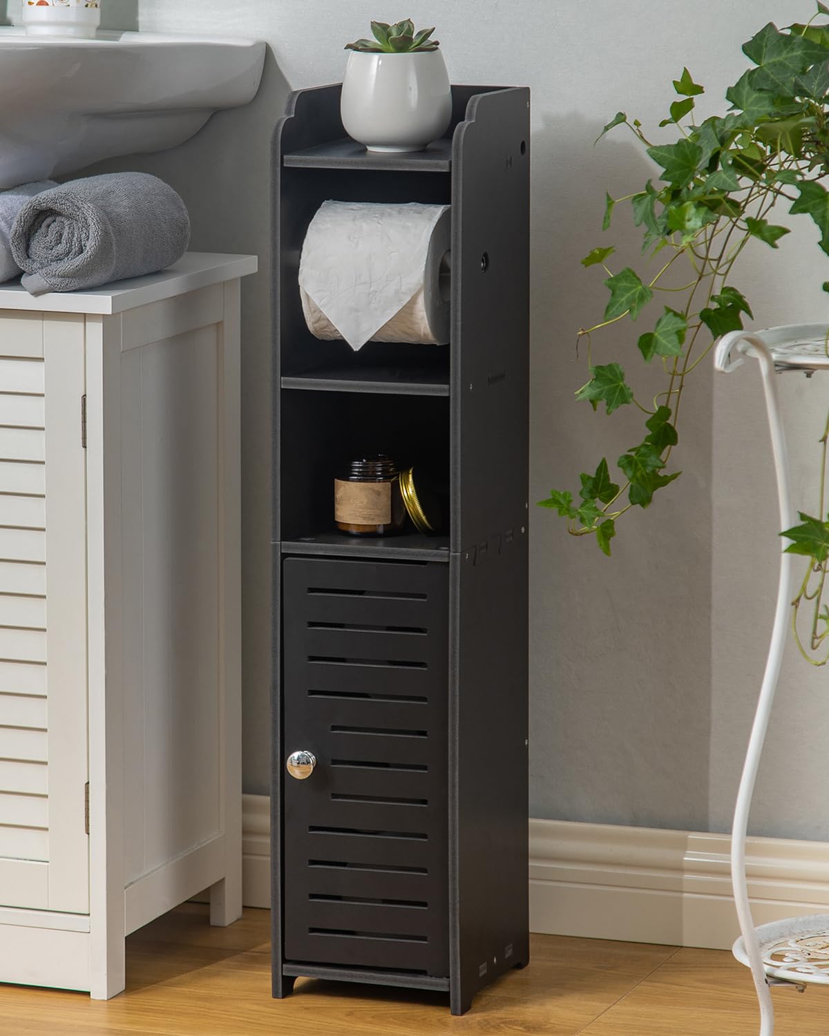 AOJEZOR front view of freestanding holder showing slim profile and tidy storage benefit