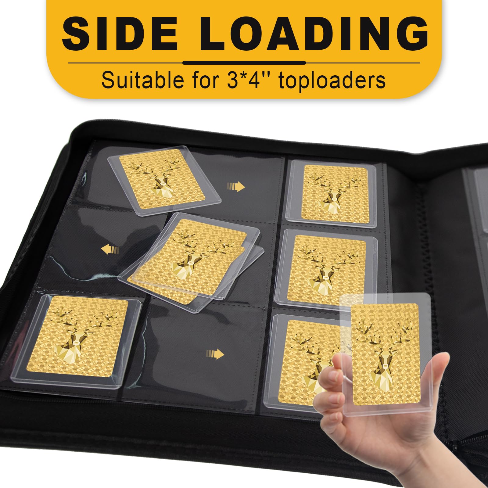Aokna binder beside a ruler illustrating 360-card capacity and compact scale