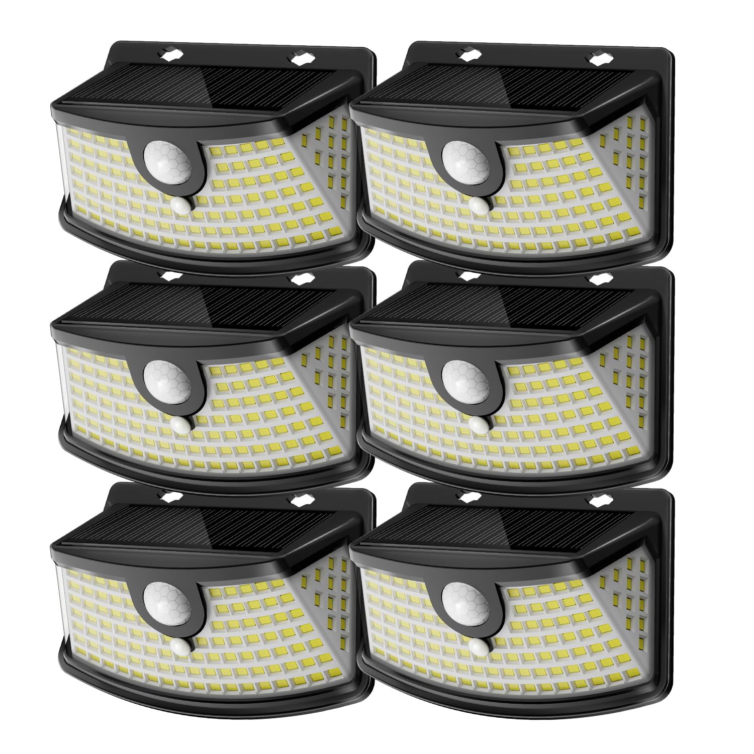 Aootek front view of six solar motion lights showing compact design and benefits
