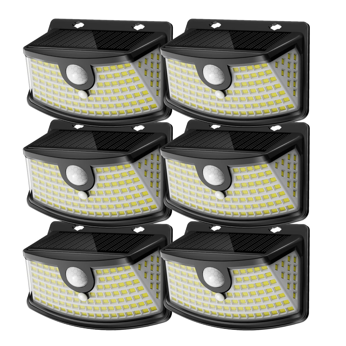 Aootek front view of six solar motion lights showing compact design and benefits