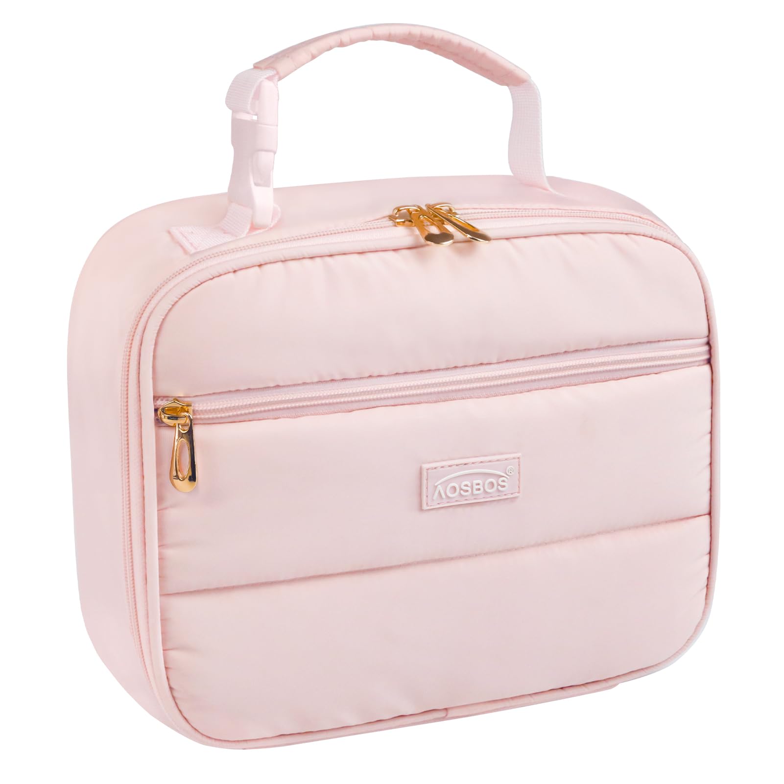 Aosbos quilted pink lunch bag front view showing stylish insulated design and portability