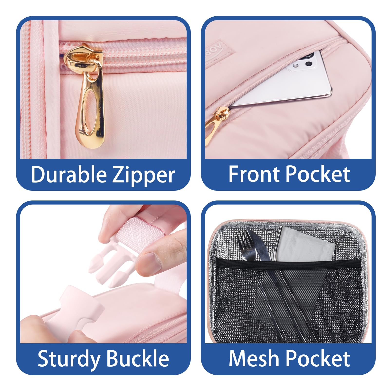 Aosbos lunch bag next to water bottle illustrating compact size and everyday scale