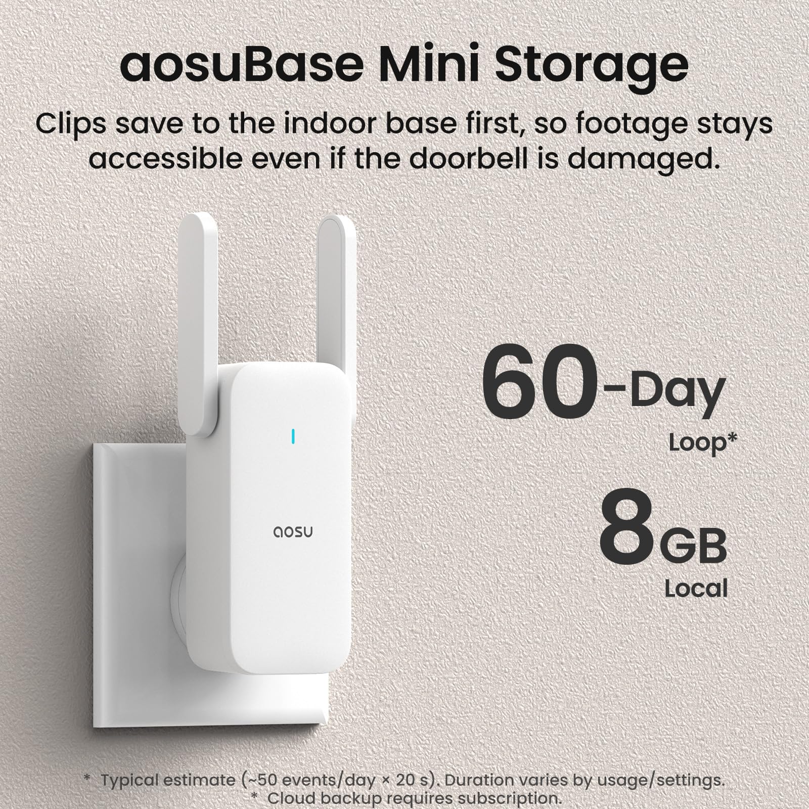 aosuBase Mini next to doorbell showing local 60-day recording convenience