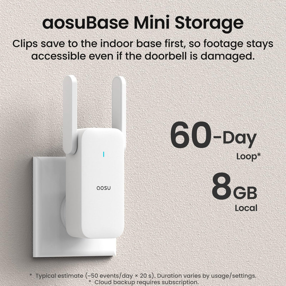 aosuBase Mini next to doorbell showing local 60-day recording convenience