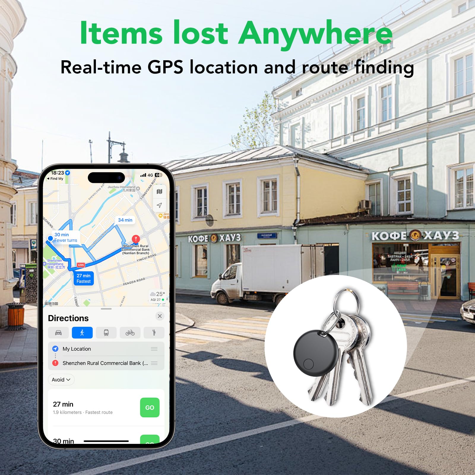 aowoka tag attached to keys and held in hand, demonstrates easy everyday use